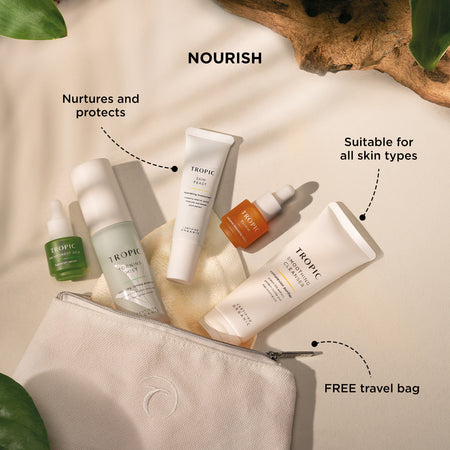 Skincare Discovery Kit in Balance.
Features a Bamboo Cloth, Smoothing Cleanser, Juicy Greens, Skin Fresh Waves, Clarifying Cleanser, Pure Lagoon. All in trial size perfect for travel.